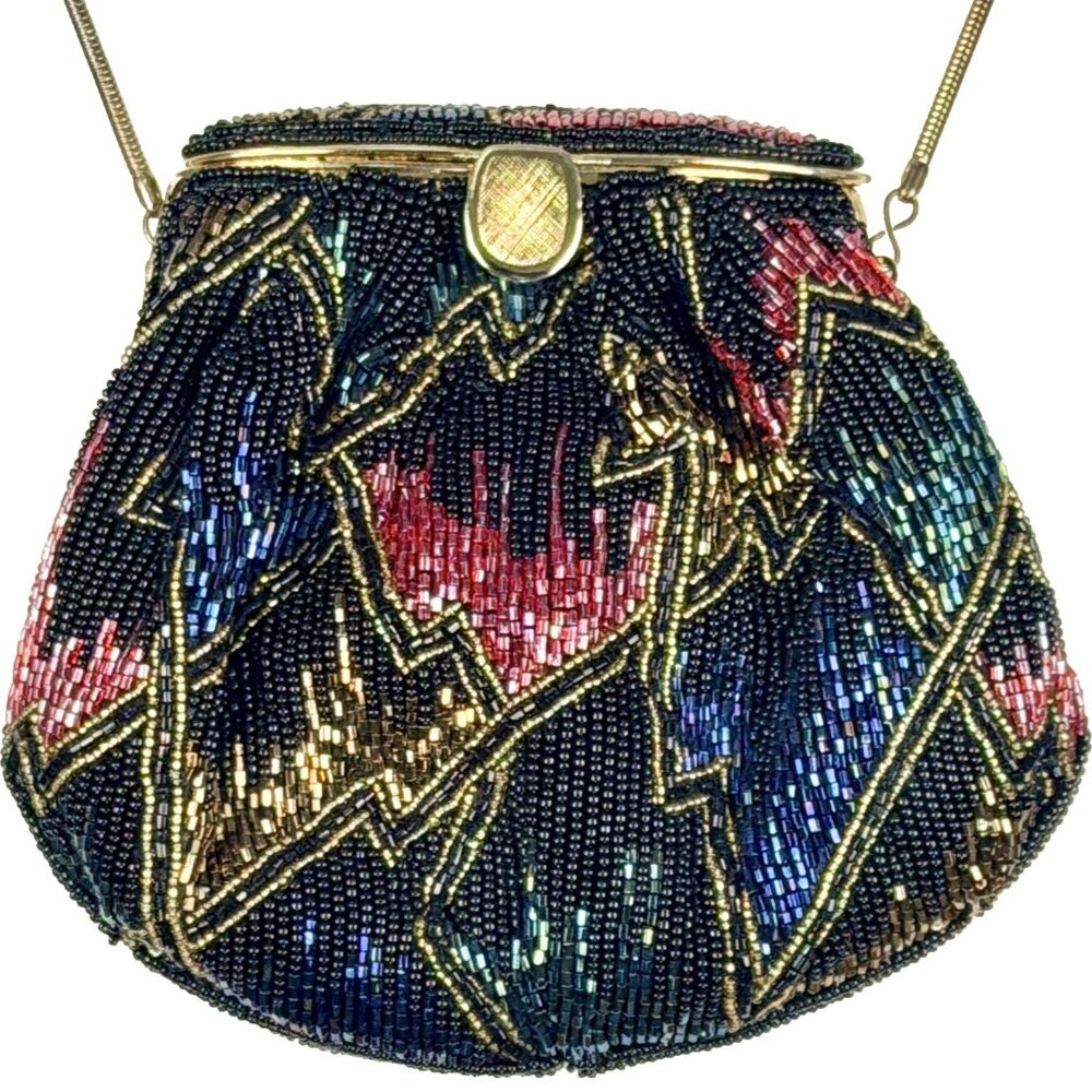 Vintage Art Deco Beaded Evening Bag Multicolor Clutch Disco Boho Glam